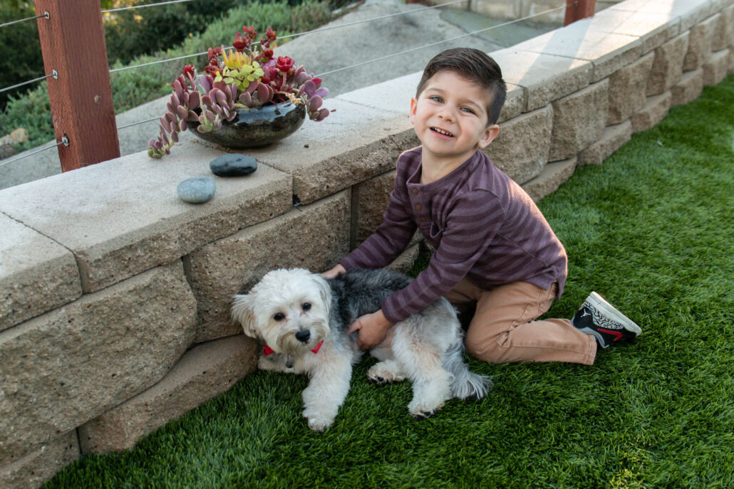 Smiling child petting a small dog on fresh artificial turf treated with TurFresh, a non-toxic, eco-friendly deodorizer that eliminates odors and ensures a safe, clean space for pets and kids.