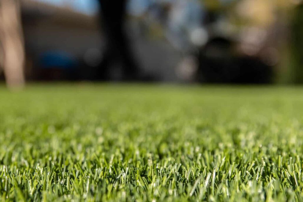 Closeup of TurFresh artificial turf blades in bright backyard sunlight showing lush green lawn