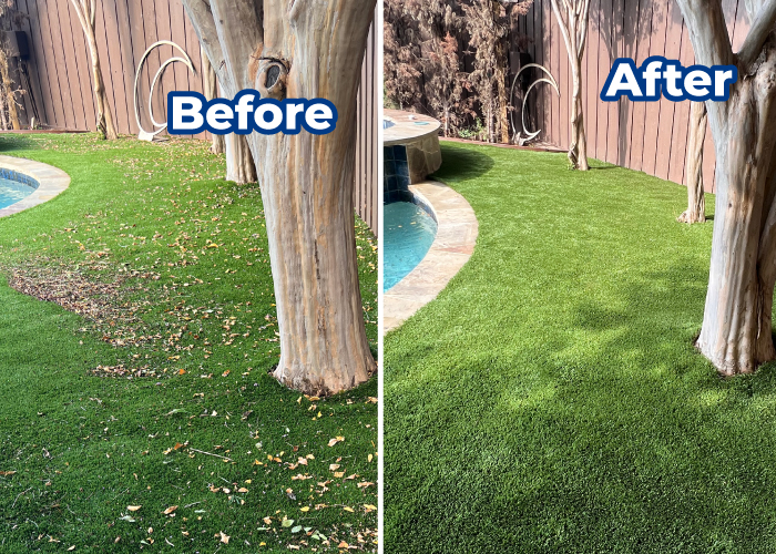 Before and after of backyard artificial turf cleaned and restored by TurFresh.