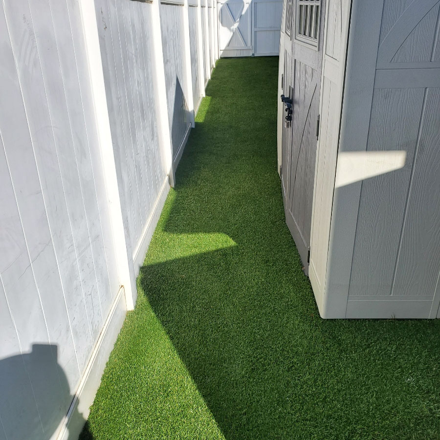 After-shed-area Narrow backyard side yard with clean, well-maintained artificial turf for easy upkeep and year-round greenery.