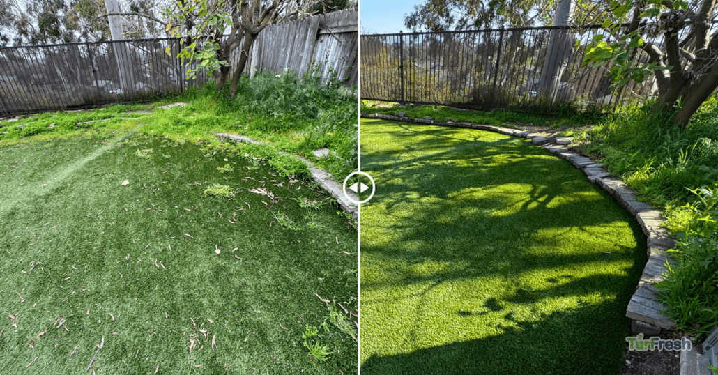 Before and after comparison of artificial turf restoration by TurFresh, showing transformation from overgrown, debris-covered grass to clean, vibrant synthetic lawn.