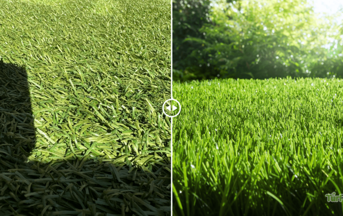 Close-up before and after image of artificial turf rejuvenation by TurFresh, showing transformation from dull, matted grass to vibrant, upright synthetic blades.
