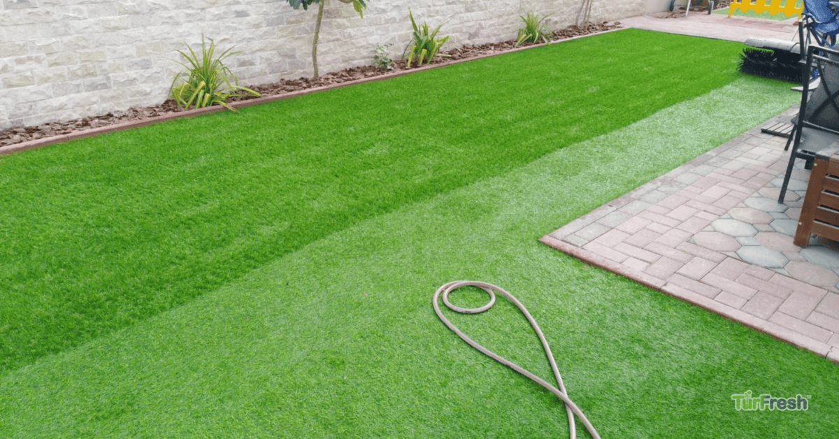 Artificial turf maintenance service brushing leaves from lawn Technician brushing synthetic turf lawn to remove leaves and debris