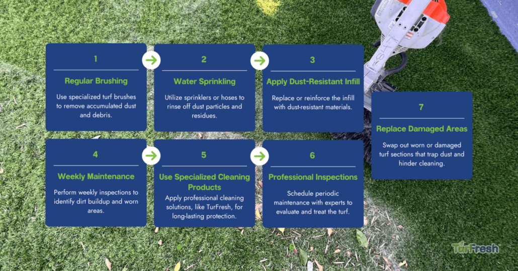 TurFresh artificial turf care steps including brushing, watering, infill, inspections, and repairs for optimal synthetic grass cleanliness and longevity.