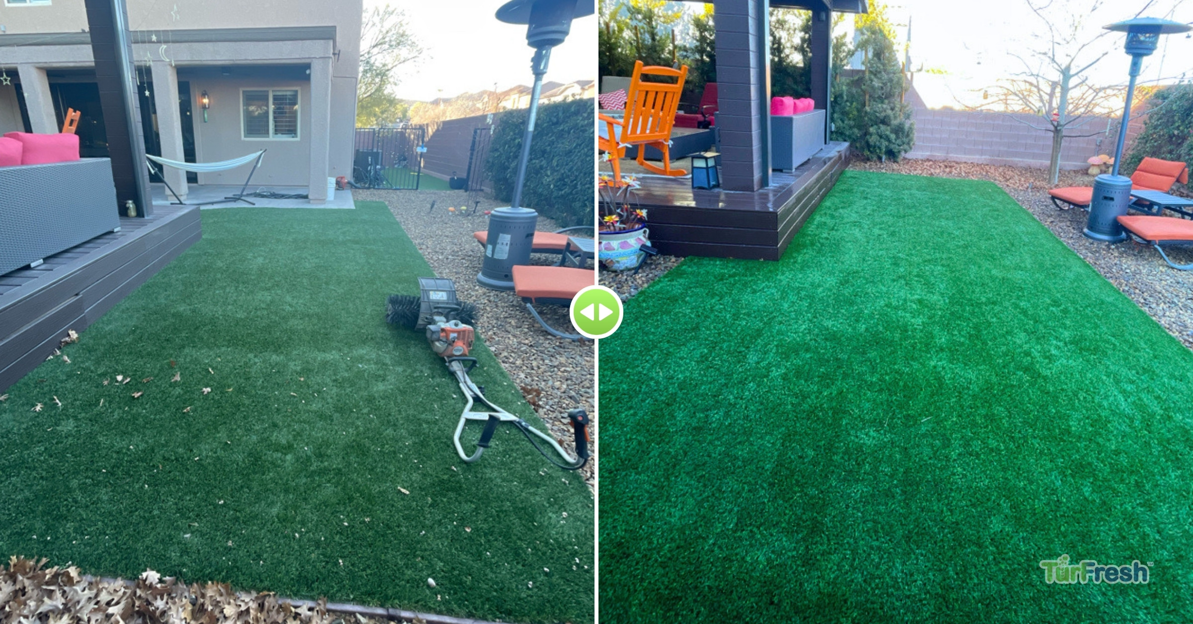 TurFresh Artificial Turf Cleaning – Backyard Synthetic Grass Restoration TurFresh artificial turf cleaning before and after in backyard showing refreshed green synthetic grass