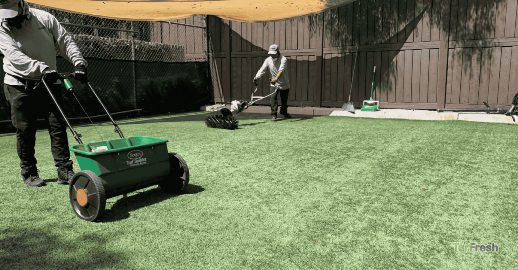 "TurFresh professionals using specialized equipment to clean and refresh artificial grass, delivering an eco-friendly, pet-safe solution that eliminates odors and restores turf vibrancy."