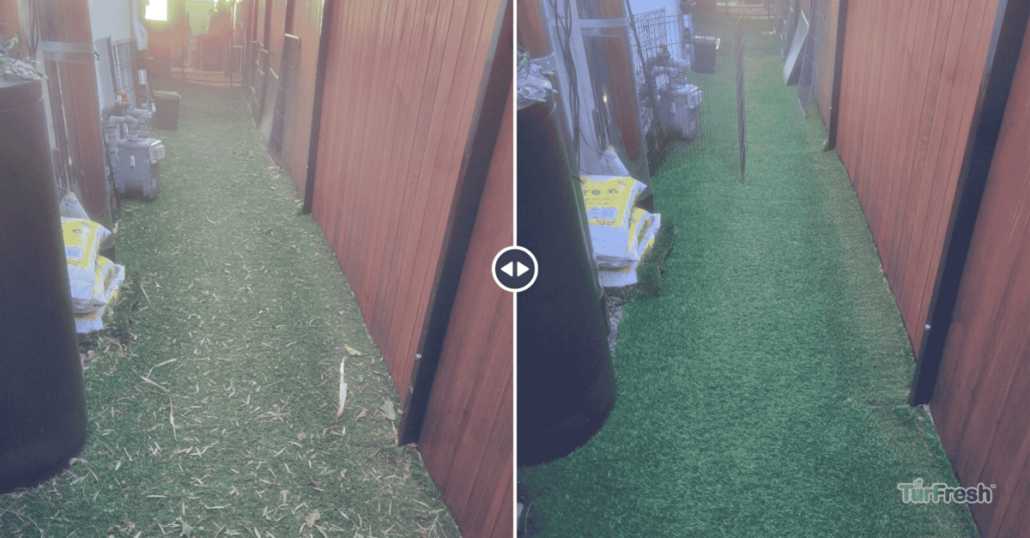 "Side-by-side before and after image showing the dramatic transformation of artificial turf cleaned with TurFresh, highlighting its eco-friendly, odor-eliminating, and pet-safe formula."