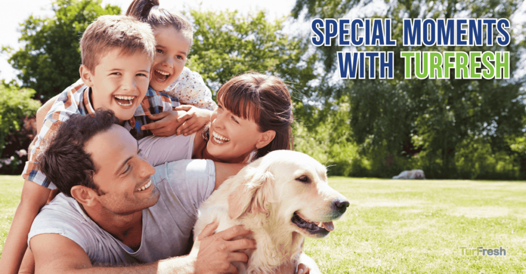 "Happy family and their dog enjoying fresh, clean artificial grass maintained with TurFresh, the eco-friendly, pet-safe turf cleaner and deodorizer that removes odors for safer outdoor play."
