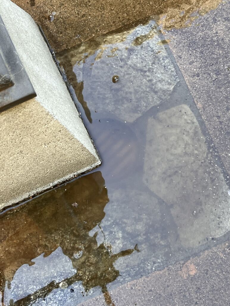 "Standing water near artificial turf indicating drainage challenges that can lead to odors and bacteria buildup, treatable with TurFresh’s eco-friendly, pet-safe turf cleaning and deodorizing solution."