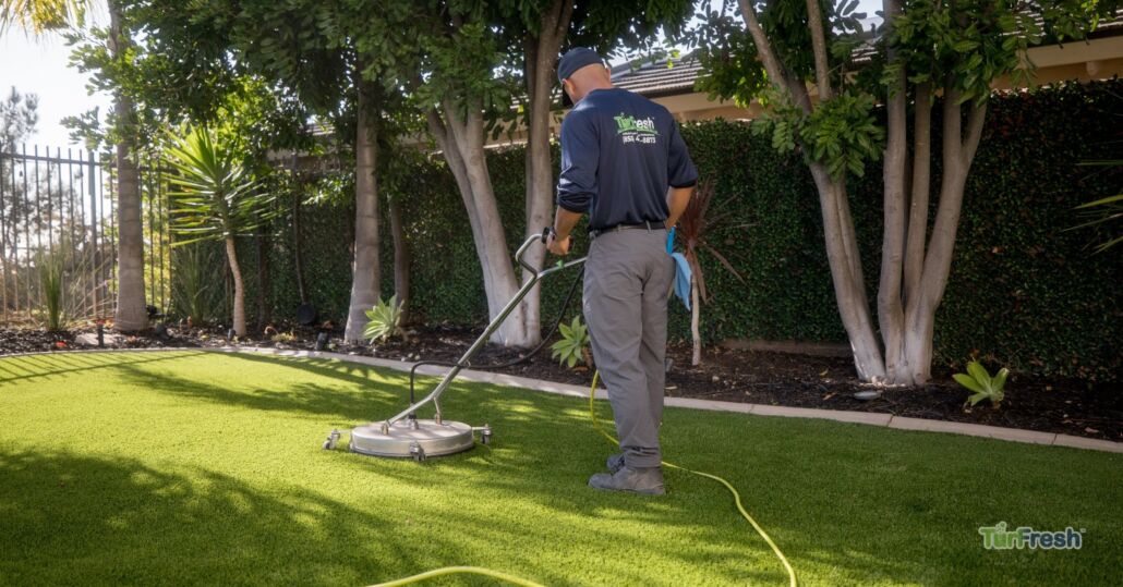 Technician cleaning artificial turf in a residential backyard using professional TurFresh equipment.