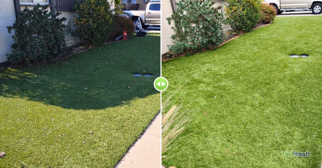 Side-by-side comparison of artificial turf before and after professional cleaning by TurFresh, showing vibrant green restoration.