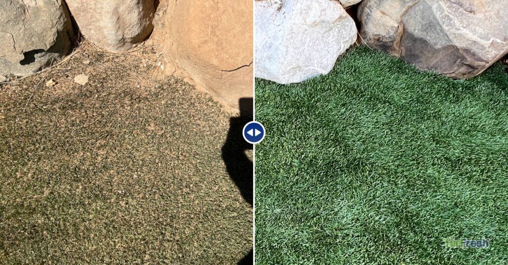 Before and after TurFresh artificial turf cleaning showing restored green turf around landscape rocks
