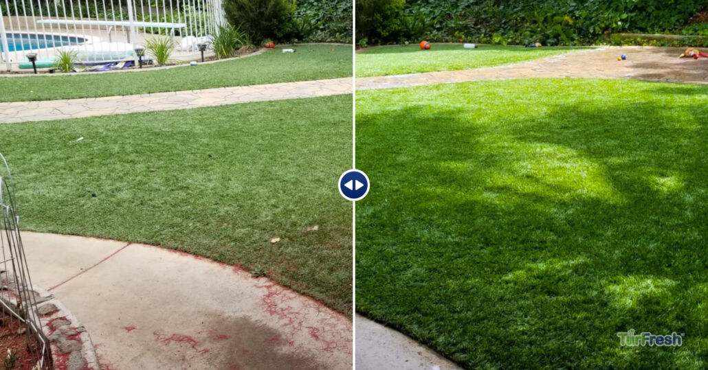 Side-by-side comparison of artificial turf before and after TurFresh cleaning in a backyard near a pool.
