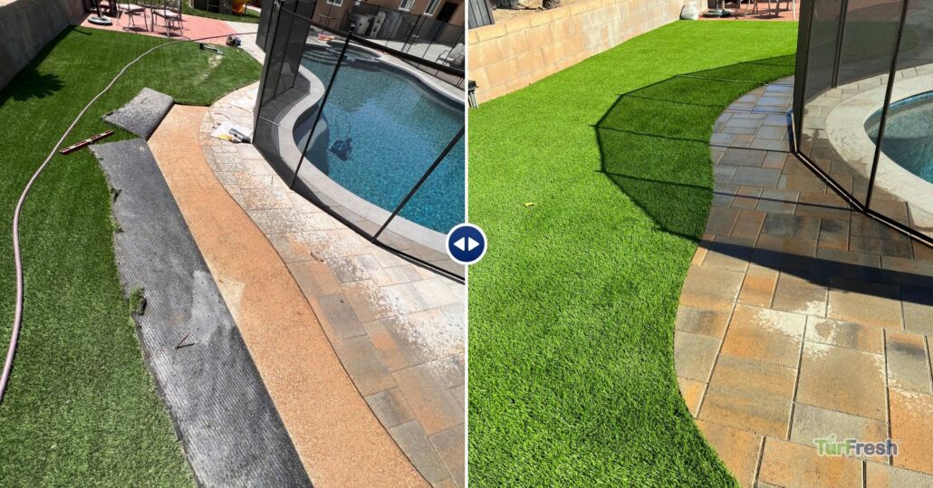 Before and after comparison of artificial turf restoration around a pool area by TurFresh, showing turf repair and rejuvenation results.