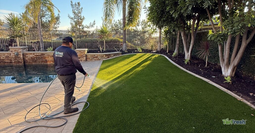 TurFresh technician spraying artificial turf to deodorize and clean backyard lawn near poolside.