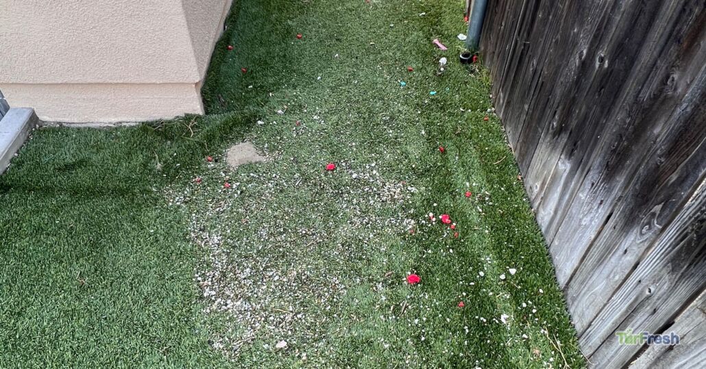 Artificial turf area covered with debris and pet waste before TurFresh cleaning service.