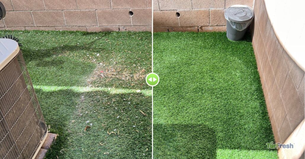 Side-by-side comparison showing dirty artificial turf before TurFresh cleaning on the left and restored turf on the right.
