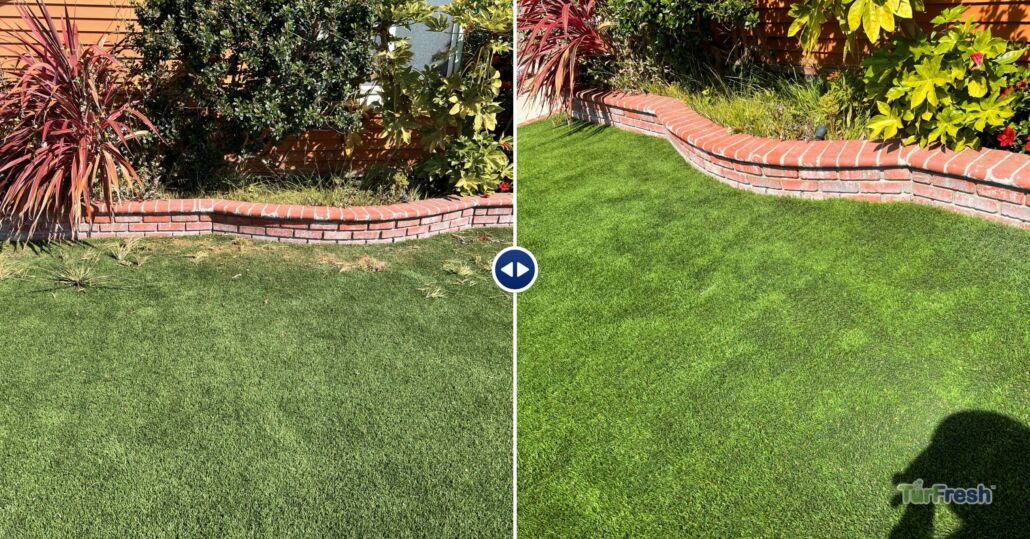 Before and after artificial turf cleaning by TurFresh professionals