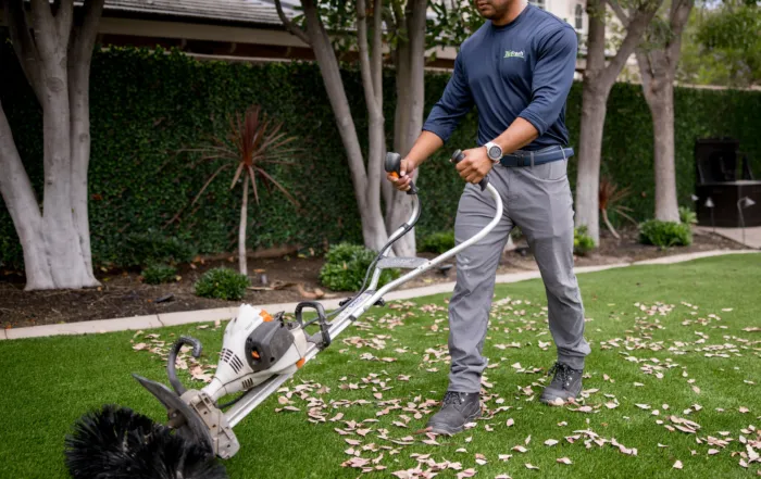 Technician brushing synthetic turf lawn to remove leaves and debris