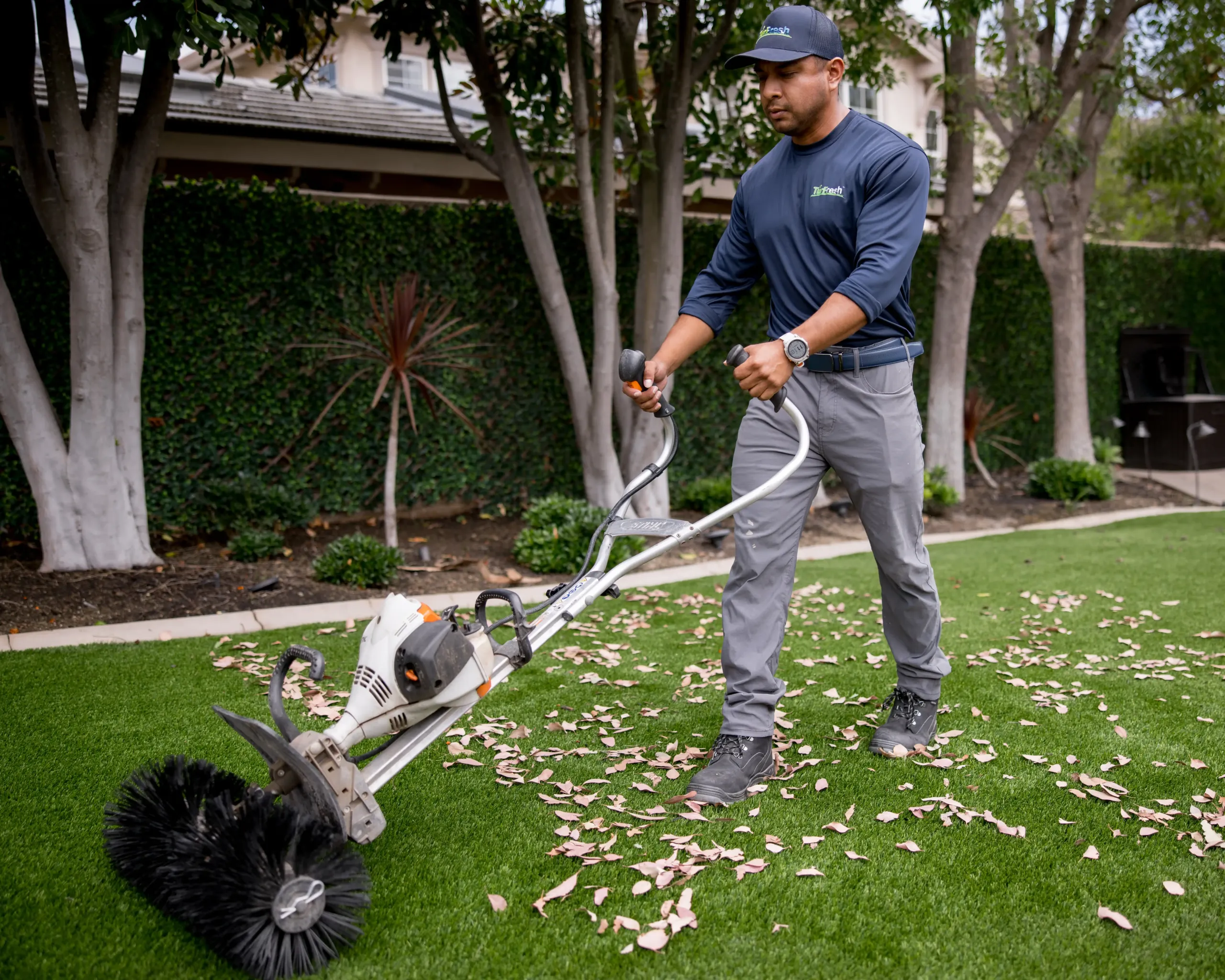 Artificial turf maintenance service brushing leaves from lawn Technician brushing synthetic turf lawn to remove leaves and debris