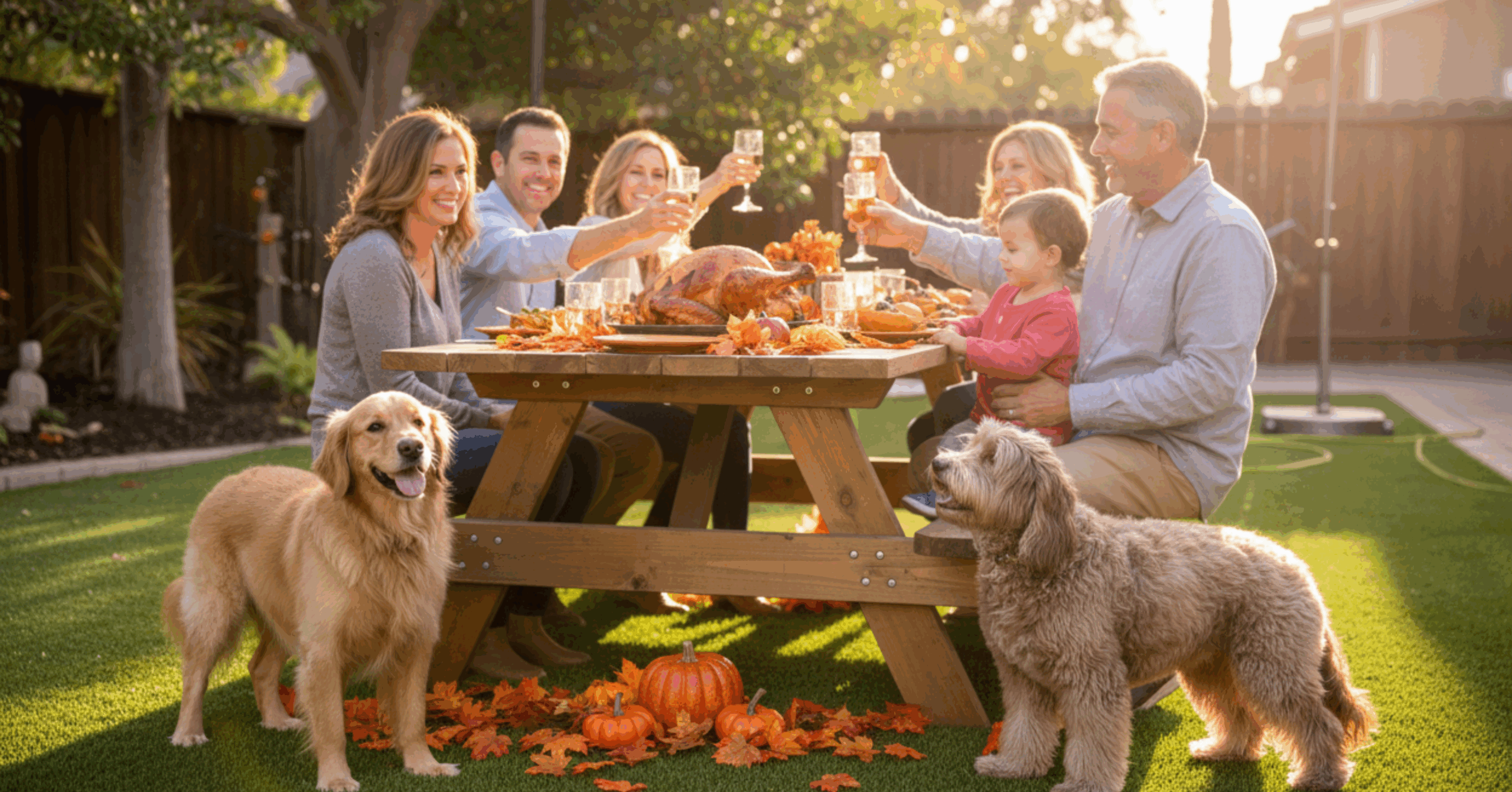 Family enjoying outdoor gathering with pets on clean artificial turf by TurFresh.
