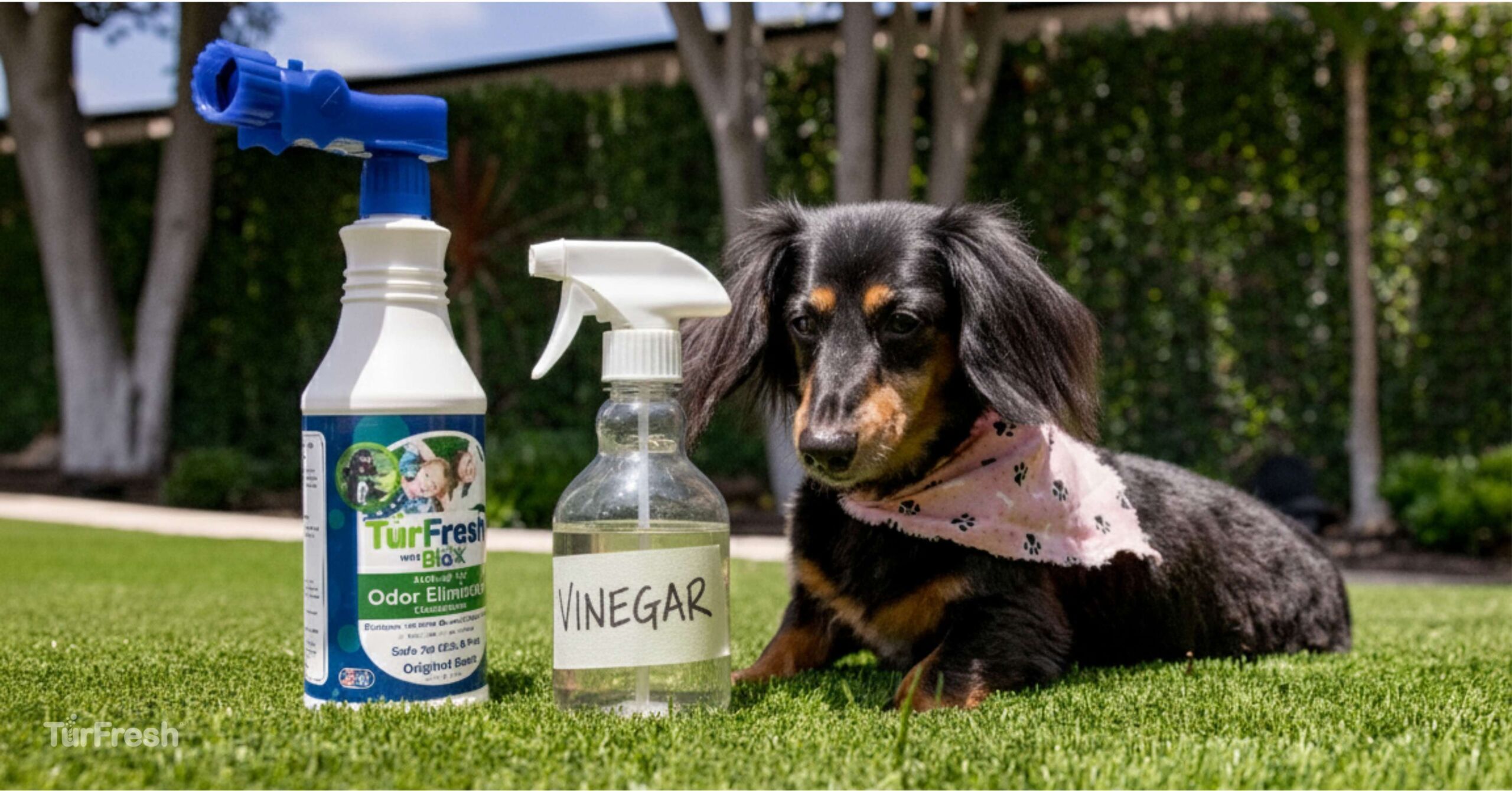 Small dog on artificial turf beside TurFresh cleaner for safe odor removal.